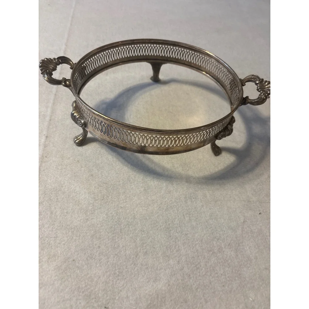 Ornate Silverplate Footed Trivet with Handles Openwork Lattice Design